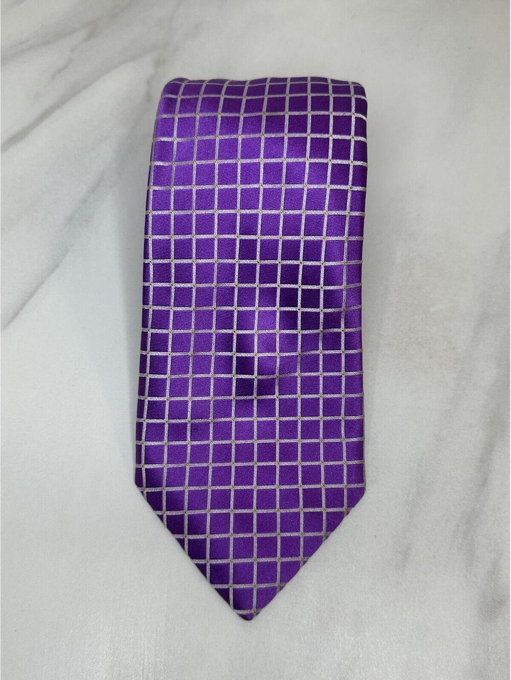 Barneys New York 100% Italian silk bold purple/white grid geometric minimalist